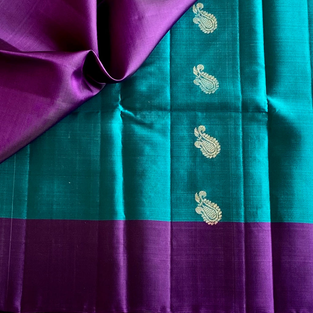Teal Green Designer Pure Silk Saree With Royal Purple Pallu