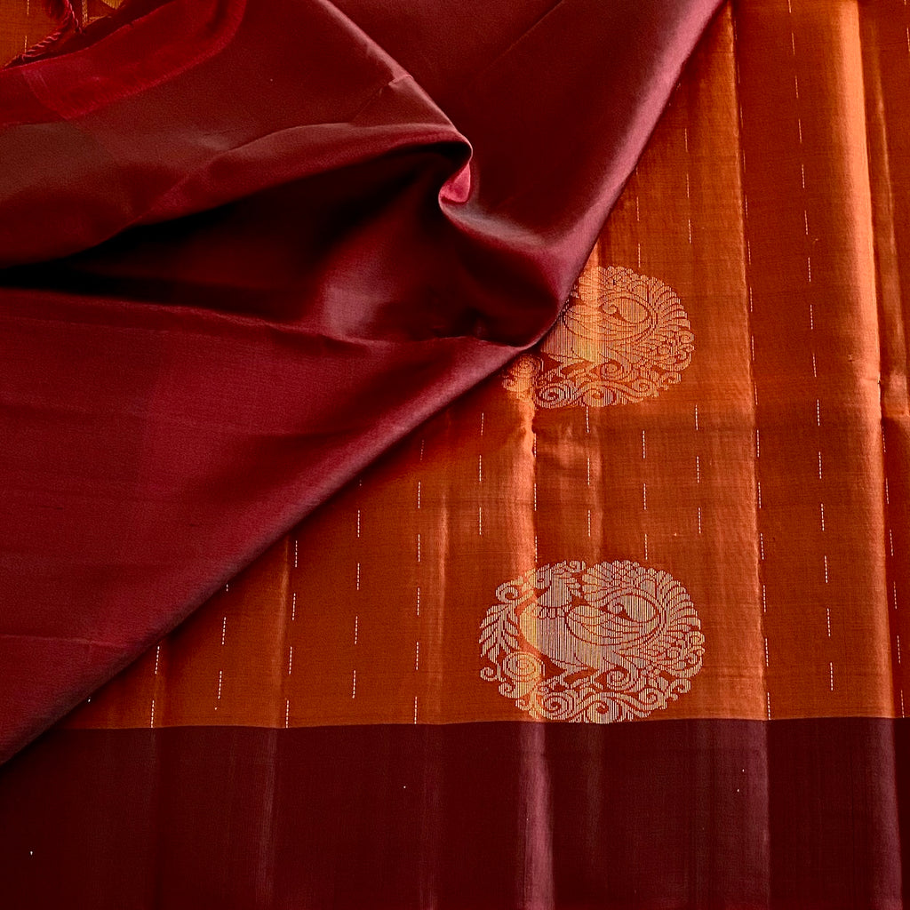 Deep Rust Designer Pure Silk Saree With Wine Maroon Pallu