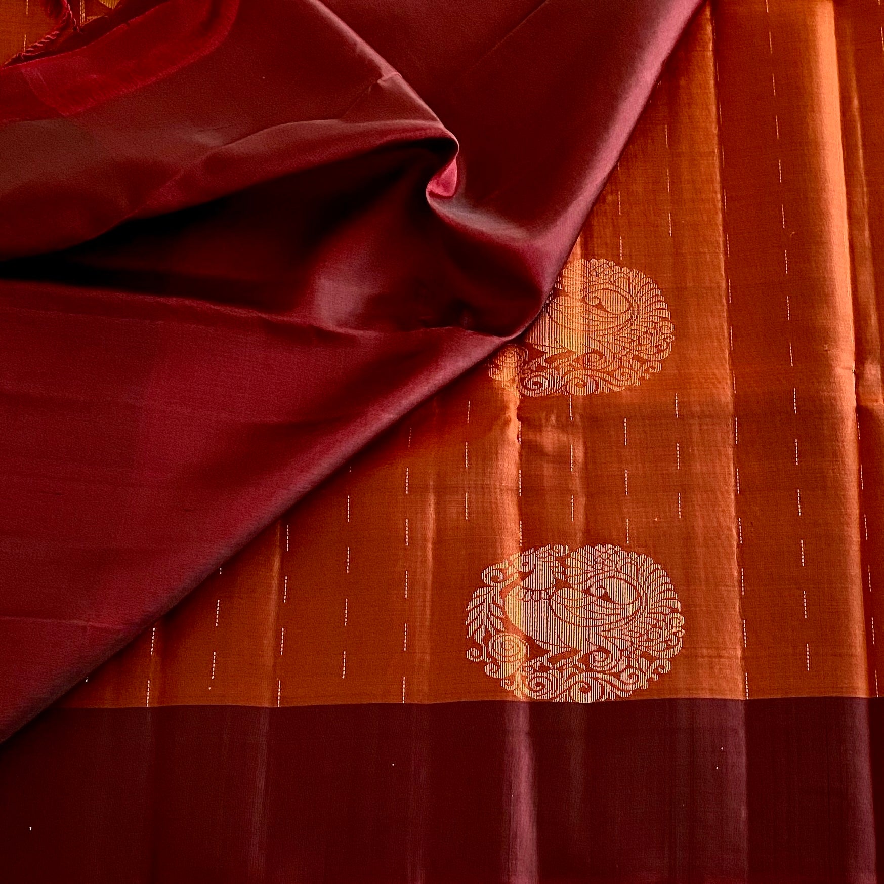 Deep Rust Designer Pure Silk Saree With Wine Maroon Pallu