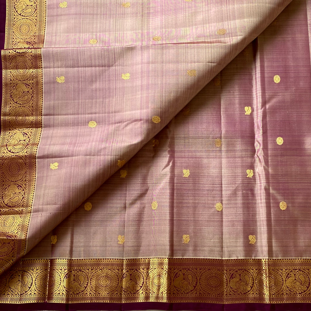Eggplant Purple Silk Saree Champagne Body Gold Zari Border Traditional