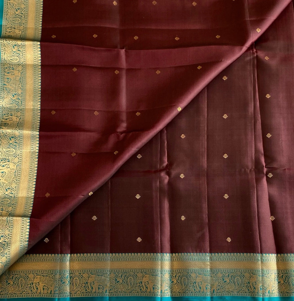 Deep Coffee Designer Pure Silk With Teal Blue Pallu