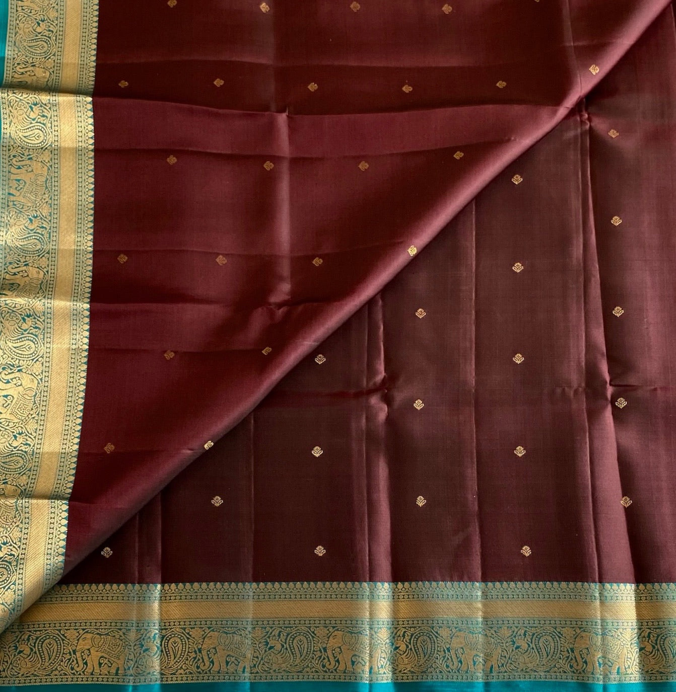 Deep Coffee Designer Pure Silk With Teal Blue Pallu
