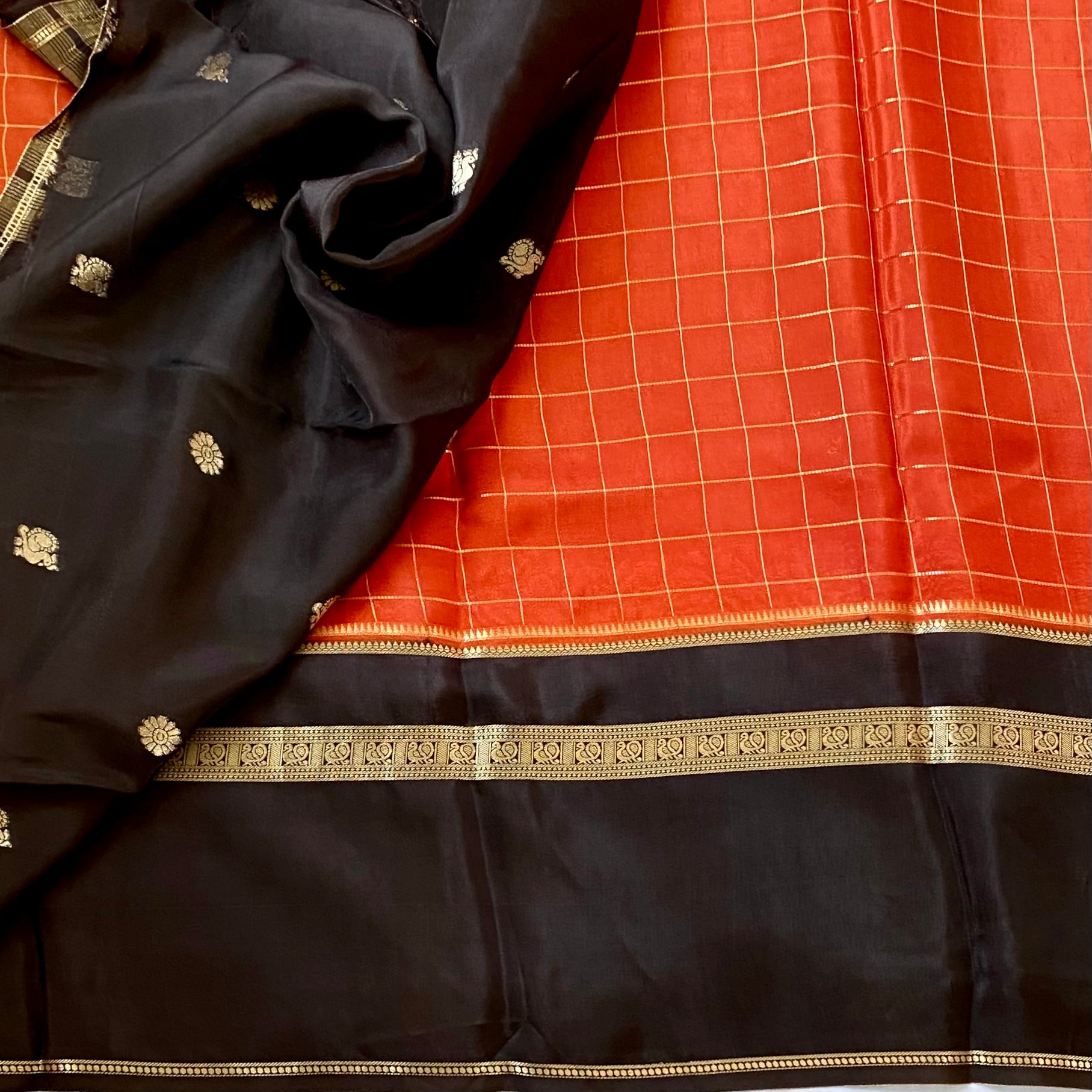 Navarasam Hot Pick - Deep Rust with coffee brown soft crepe silk with checkered weave