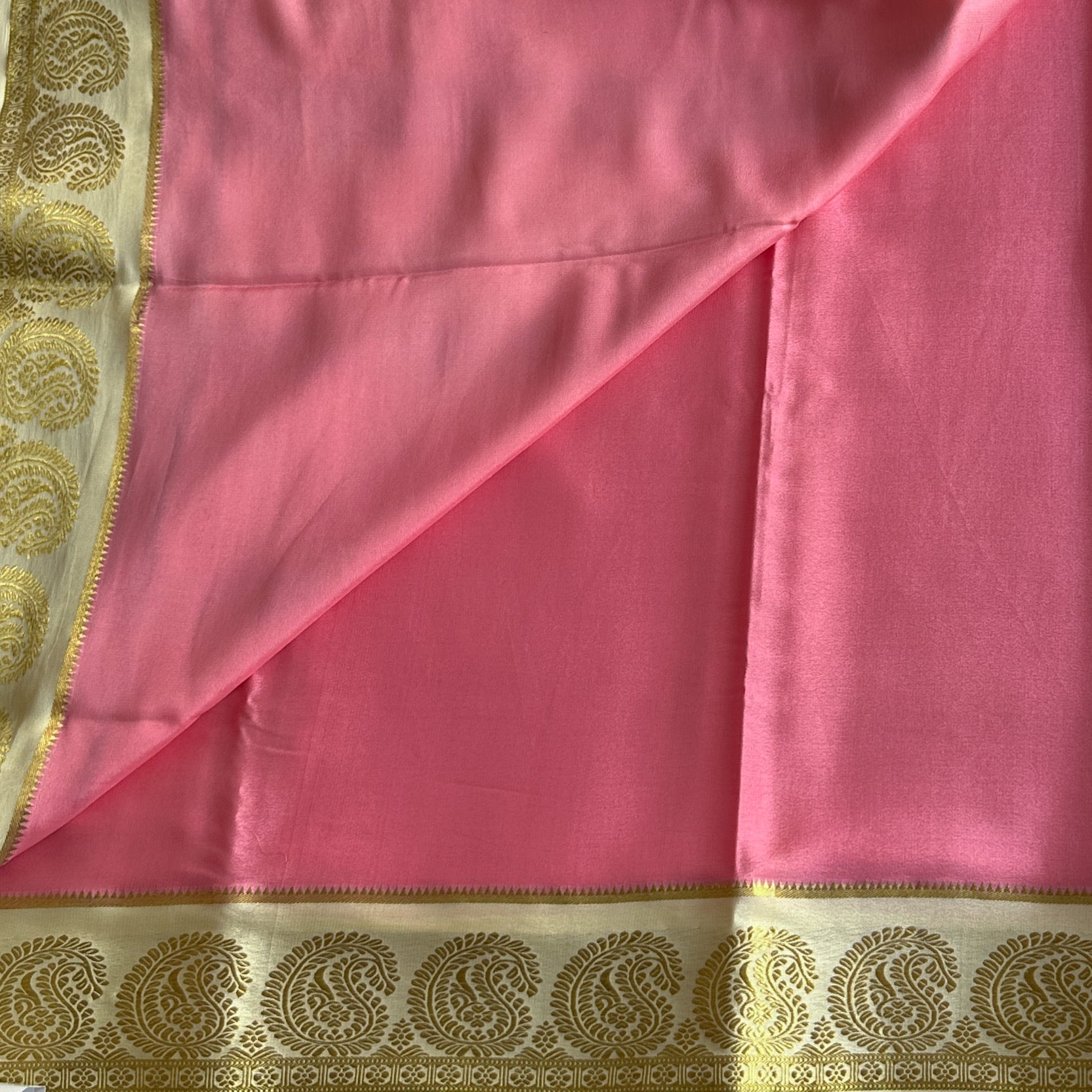 Soft rose pink with Gold Paisley Border pure Mysore silk
