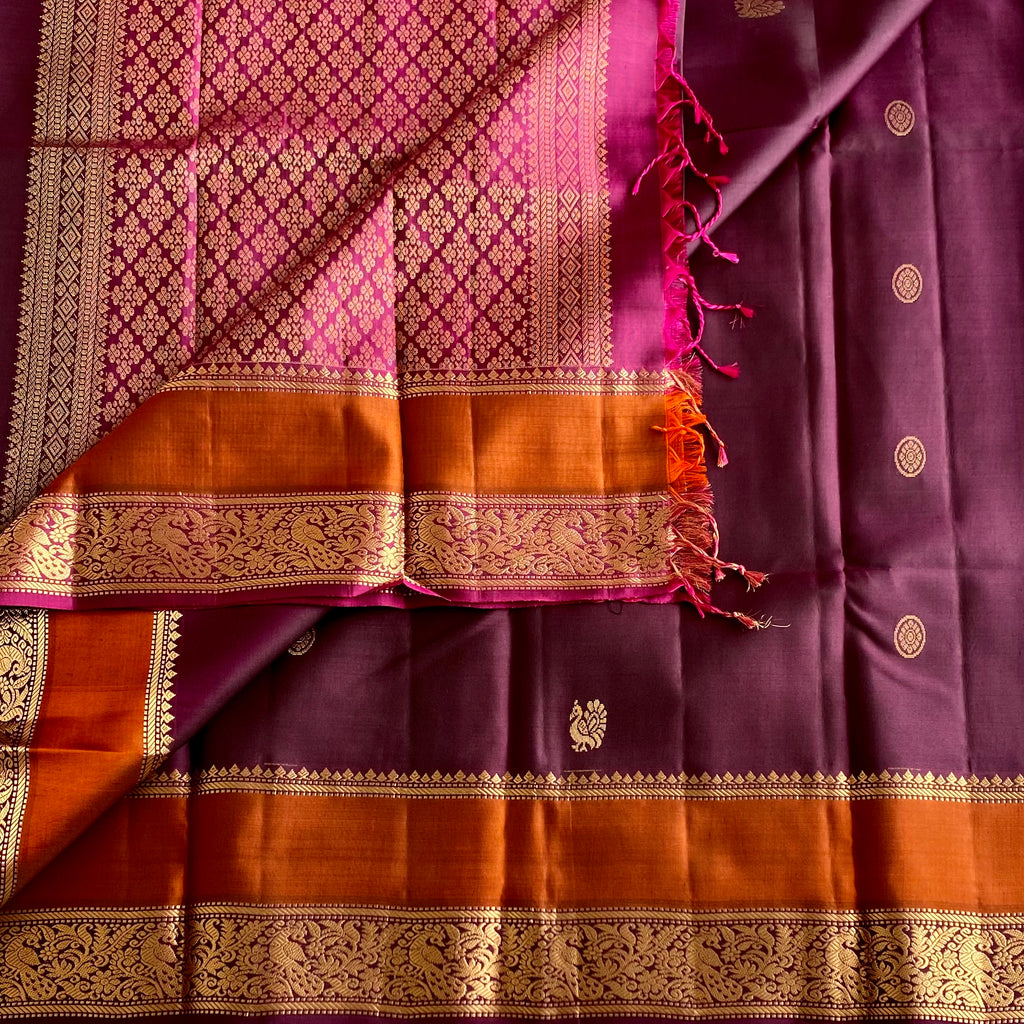 Deep Wine Designer Pure Silk Saree With Burnt Orange Pallu