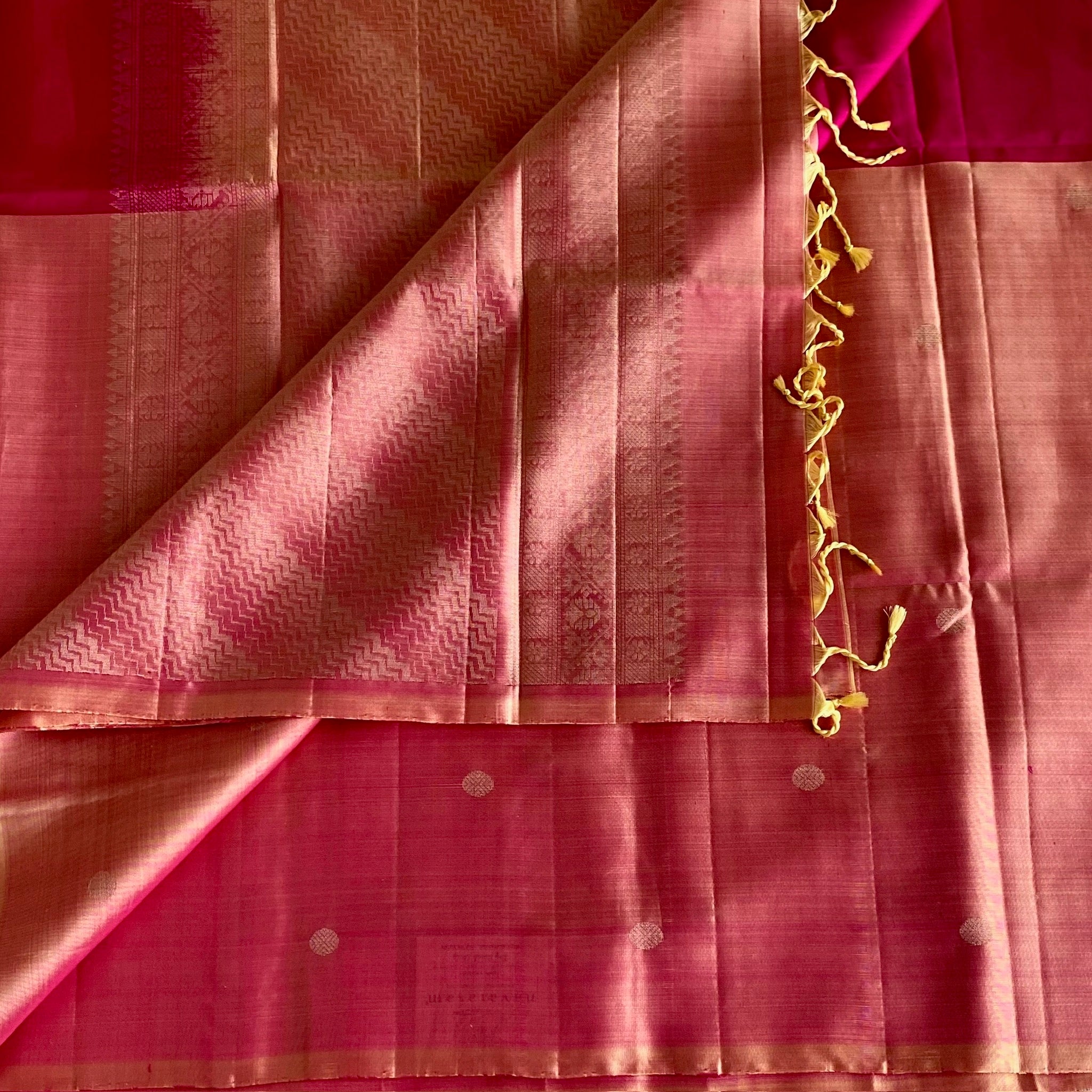 Rani Pink Designer Pure Silk Saree With Peach Gold Pallu And Zari