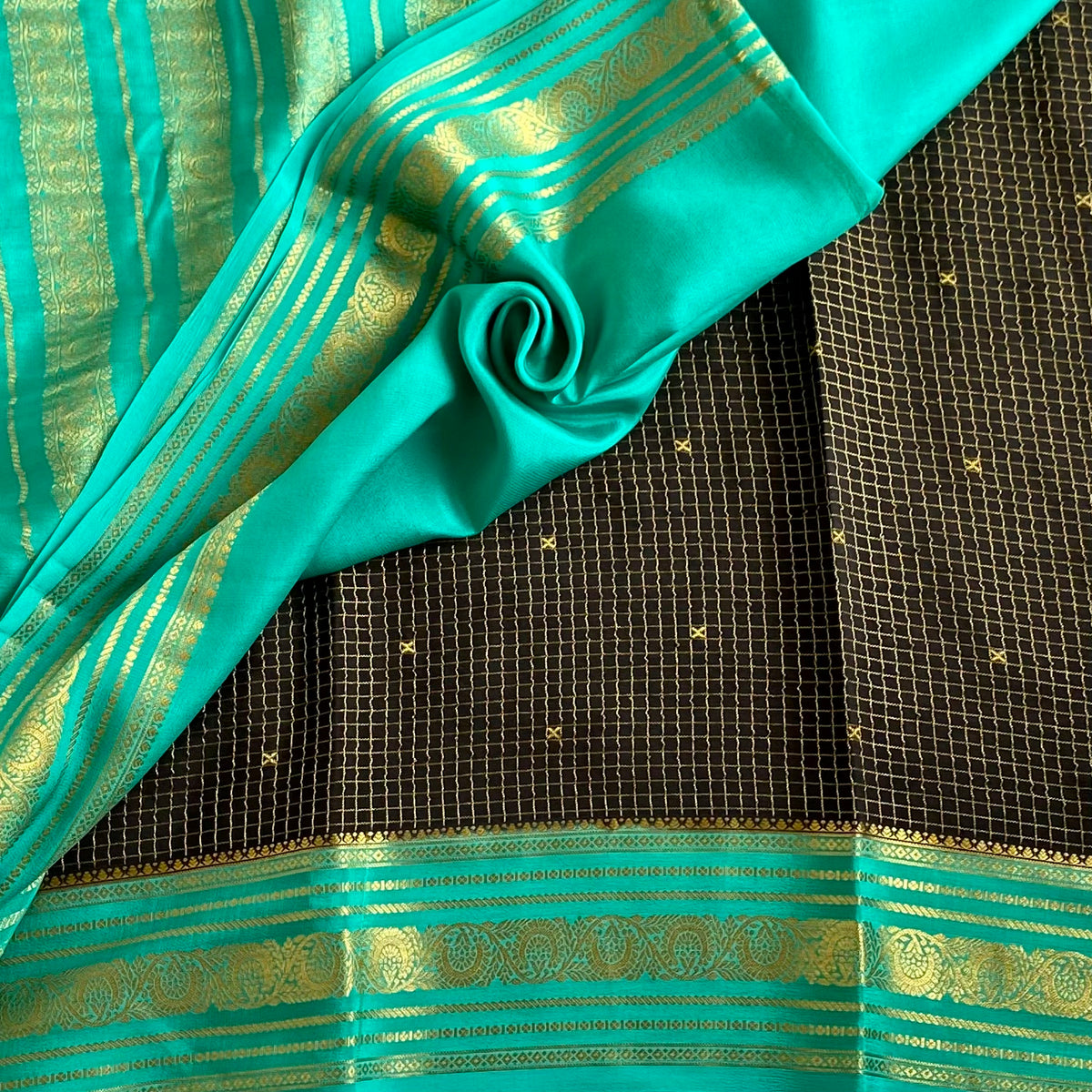 Mysore Crepe Silk Rare Jet Black Saree With Bright Turquoise Pallu Gold Zari