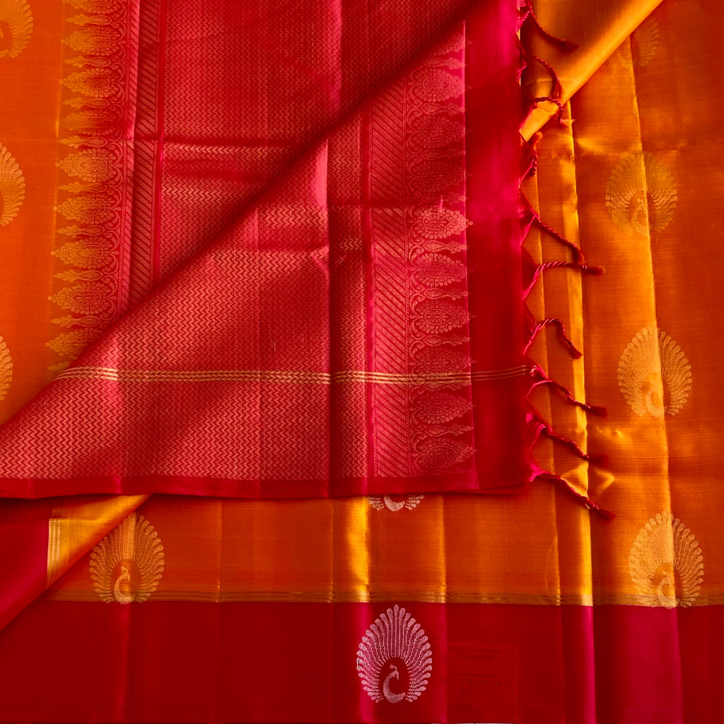 Sunset Orange Designer Pure Silk Saree With Crimson Red Border