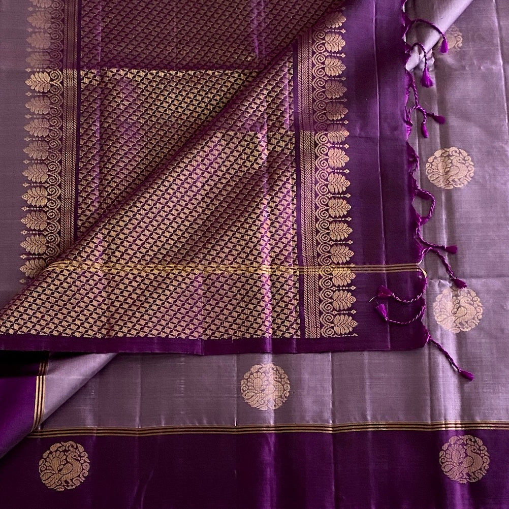 Metallic  Lavender Designer Pure Silk With Cadbury Purple And Gold Zari