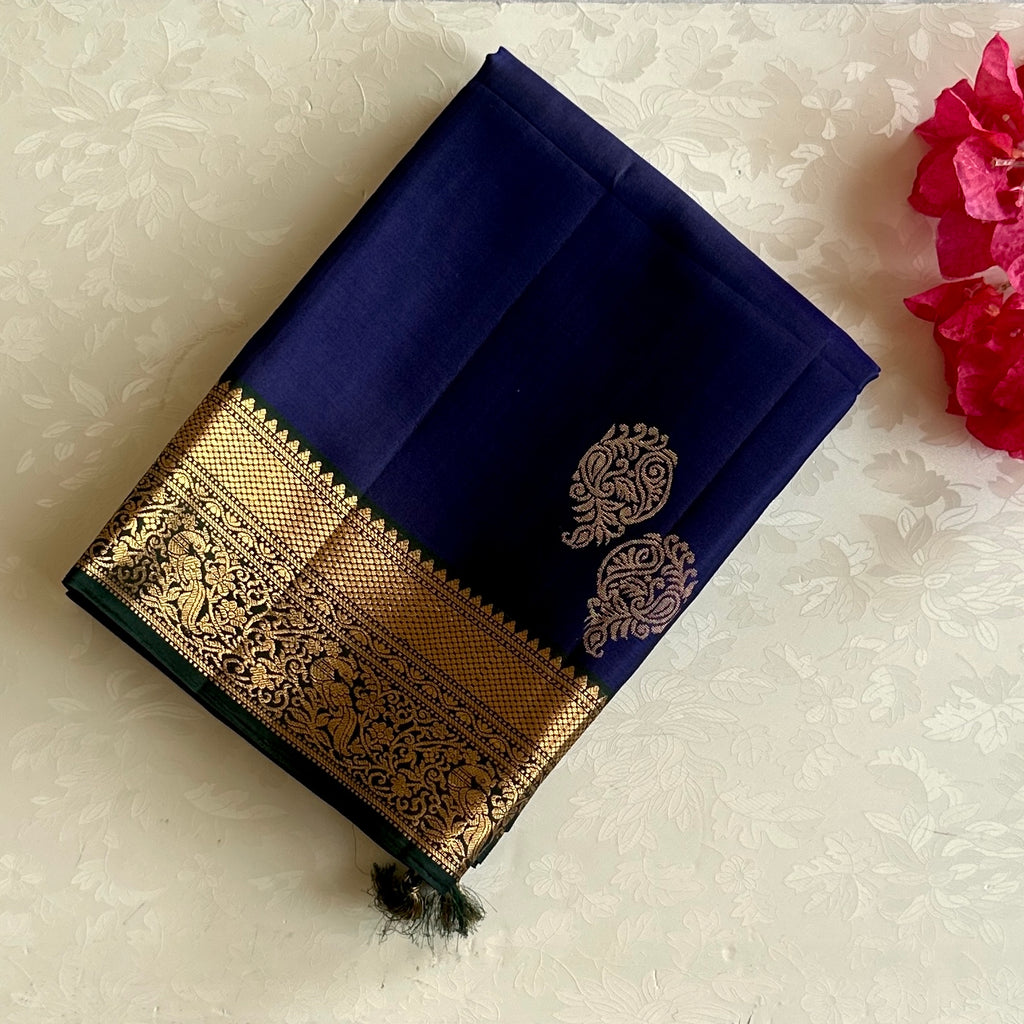 Royal Blue Saree Teal Pallu Gold Zari Border