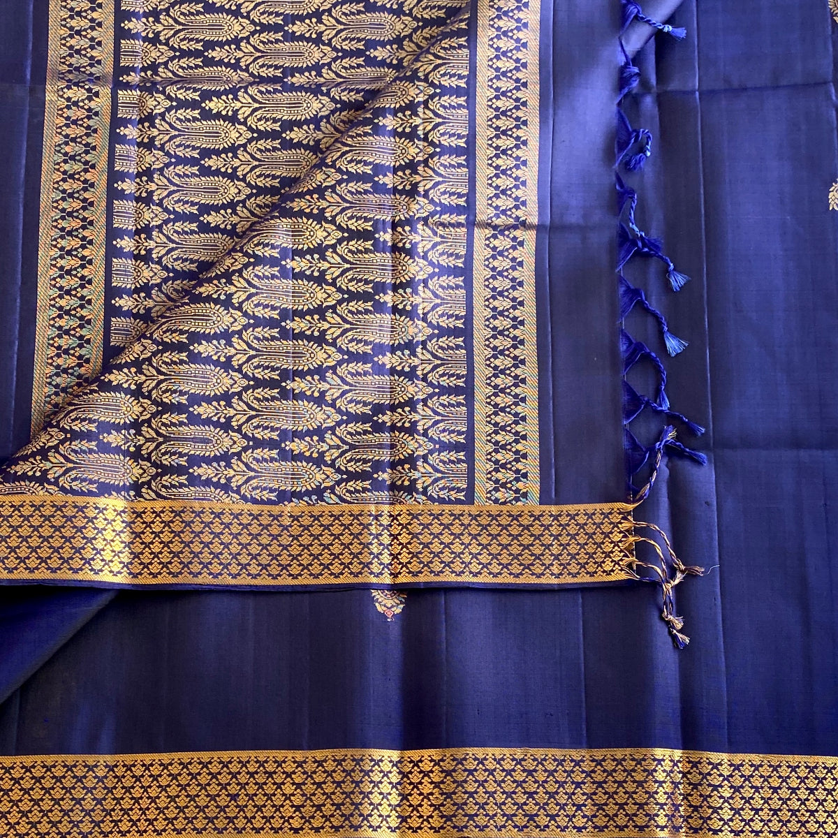 Midnight Blue Designer Pure Silk Saree With Antique Gold Pallu