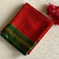 Scarlet Red Mysore Crepe Silk Saree With Emerald Green Pallu