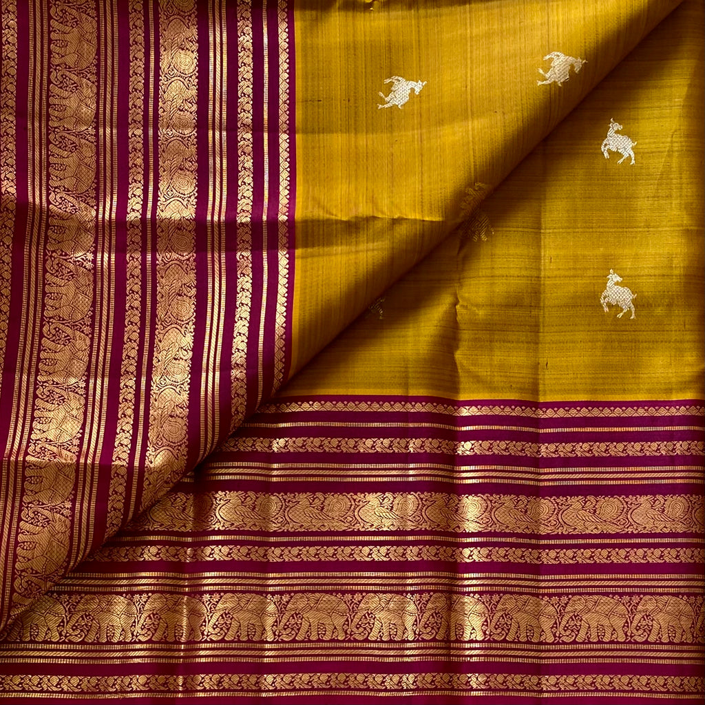 Classic Mustard With Magenta Pure Zari Kanjeevaram Deer & Elephant Motifs