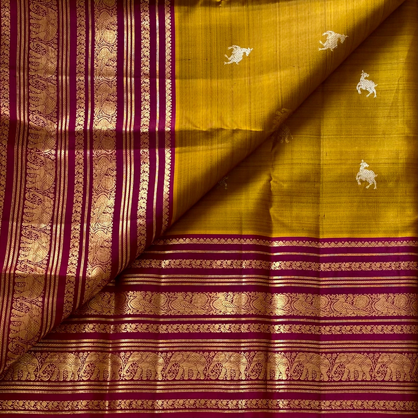 Classic Mustard With Magenta Pure Zari Kanjeevaram Deer & Elephant Motifs