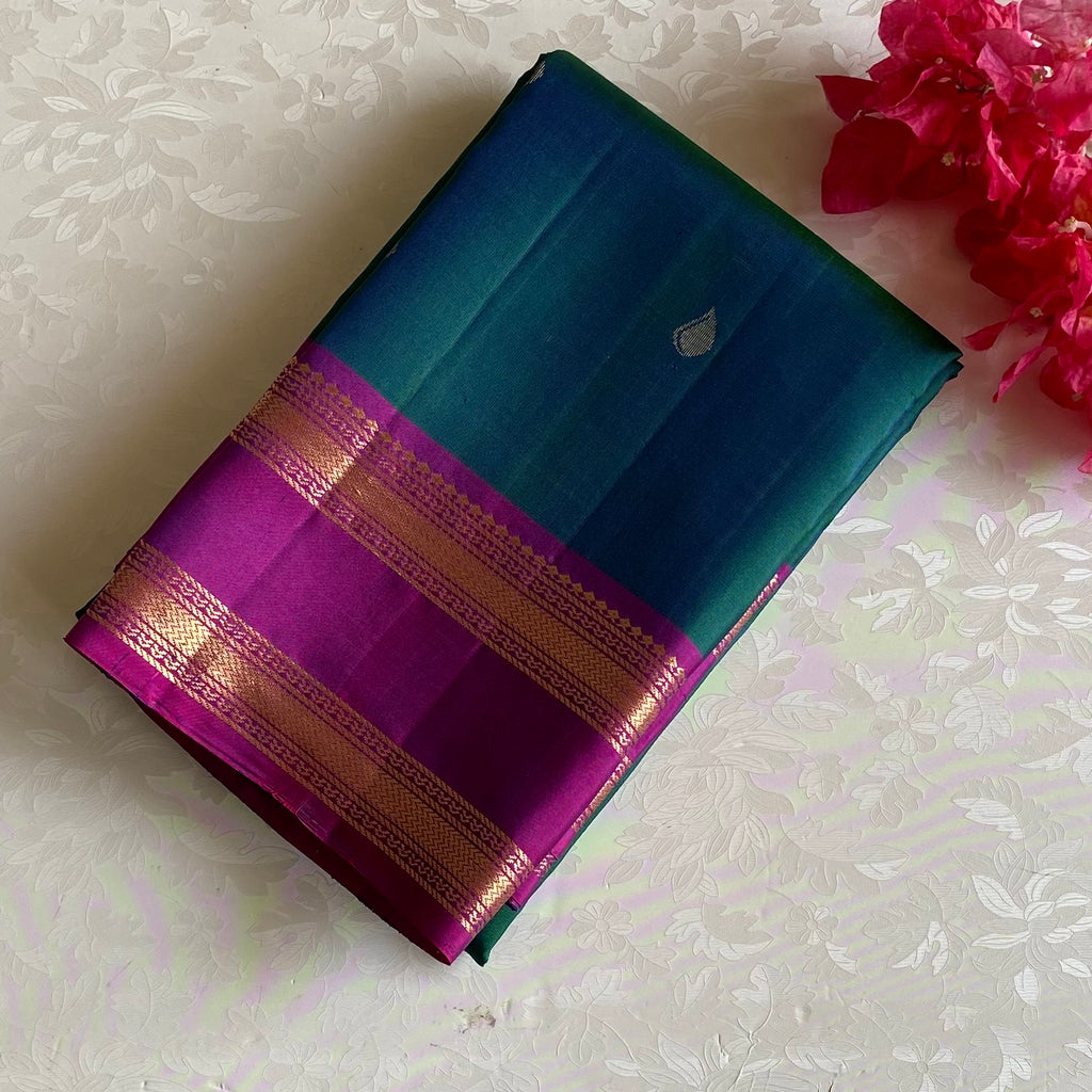 Dual Peacock Bluish Green Designer Pure Silk With Dreamy Magenta Pallu