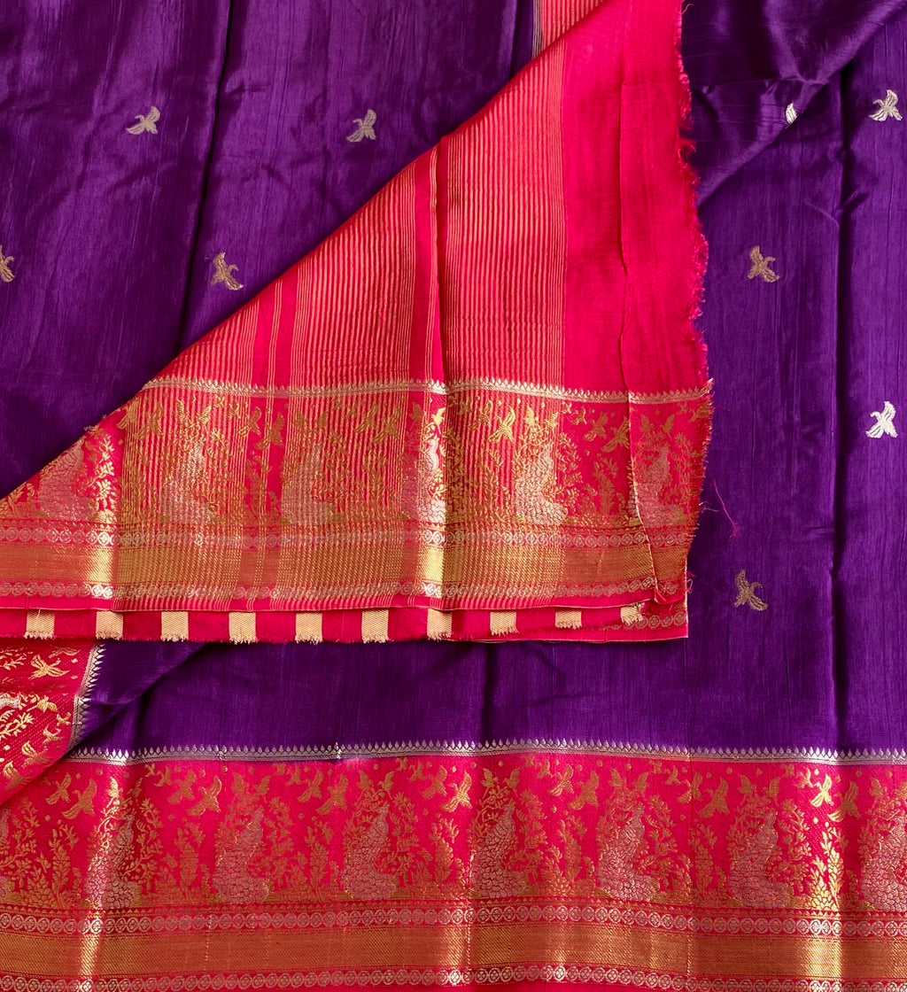 Royal Purple Soft Tussar Silk Saree With Rani Pink Pallu