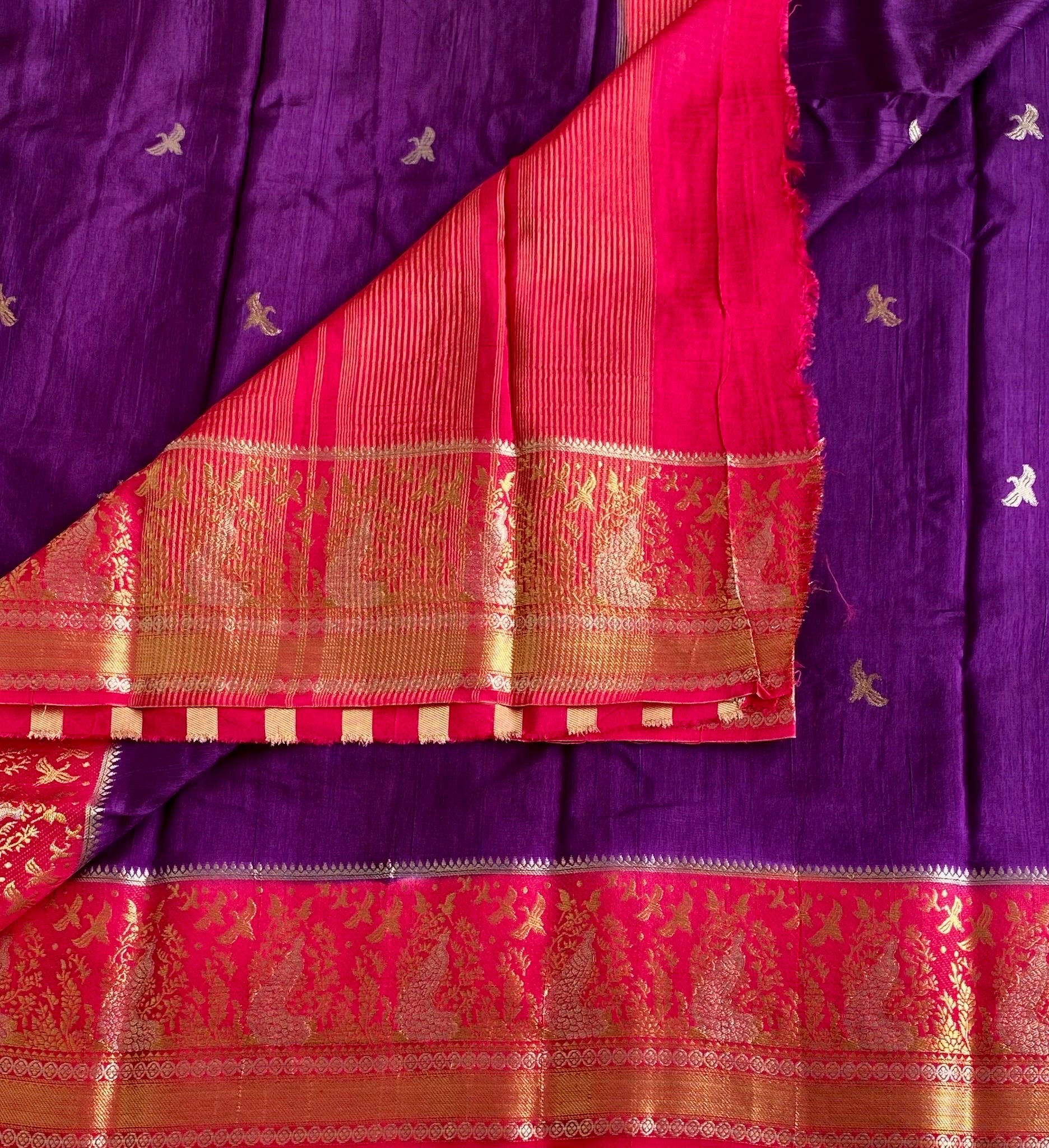 Royal Purple Soft Tussar Silk Saree With Rani Pink Pallu