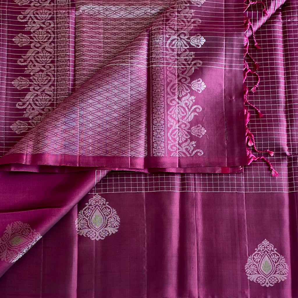 Burgundy Designer Pure Silk Checkered With Antique silver Motifs