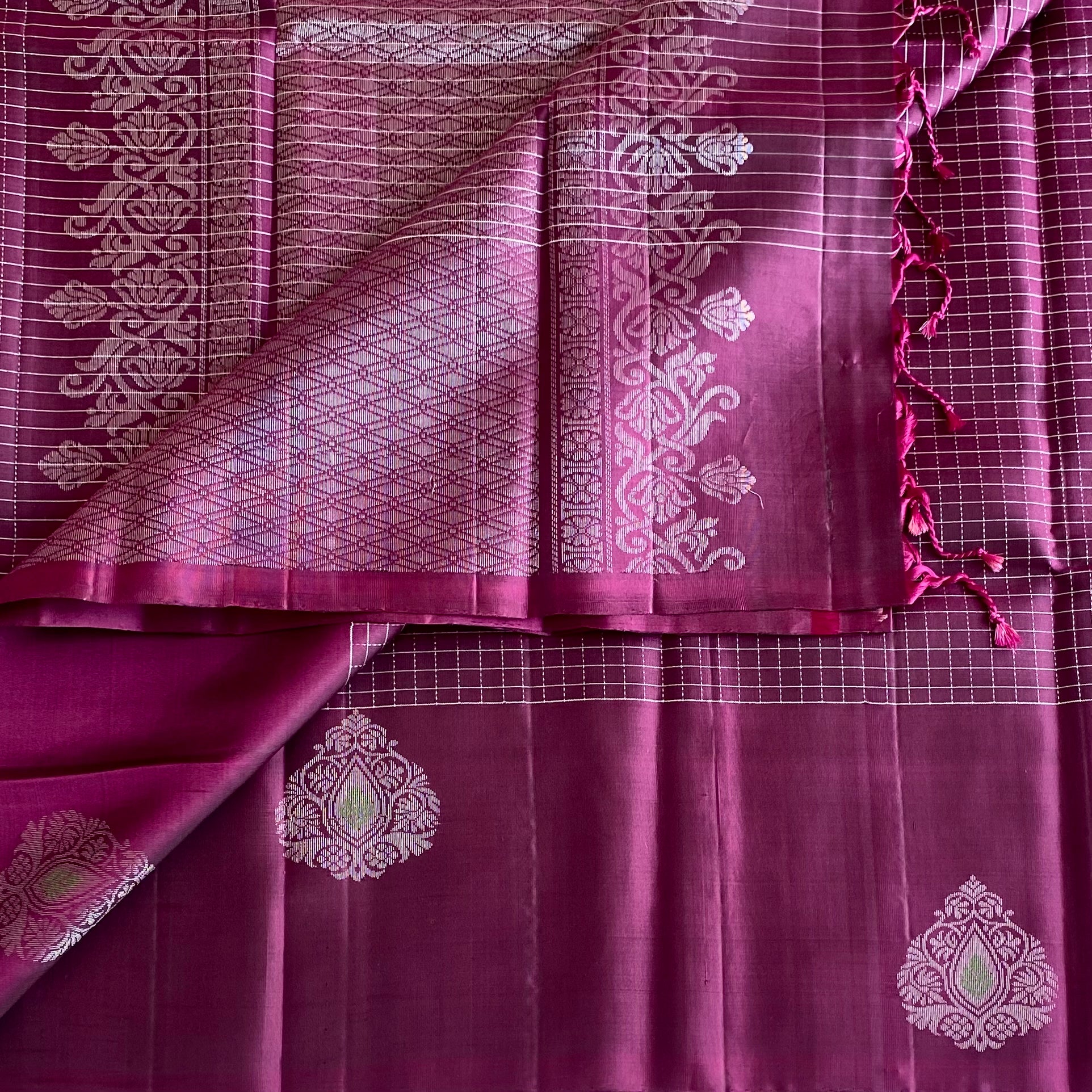 Burgundy Designer Pure Silk Checkered With Antique silver Motifs