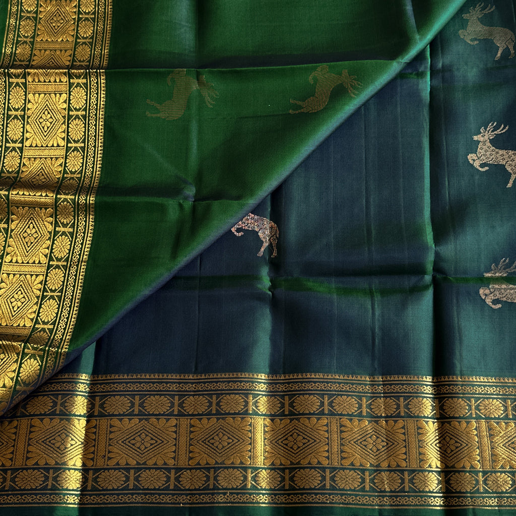 Peacock Teal Elegant Saree Gold Brocade Border Deer Motif Pallu