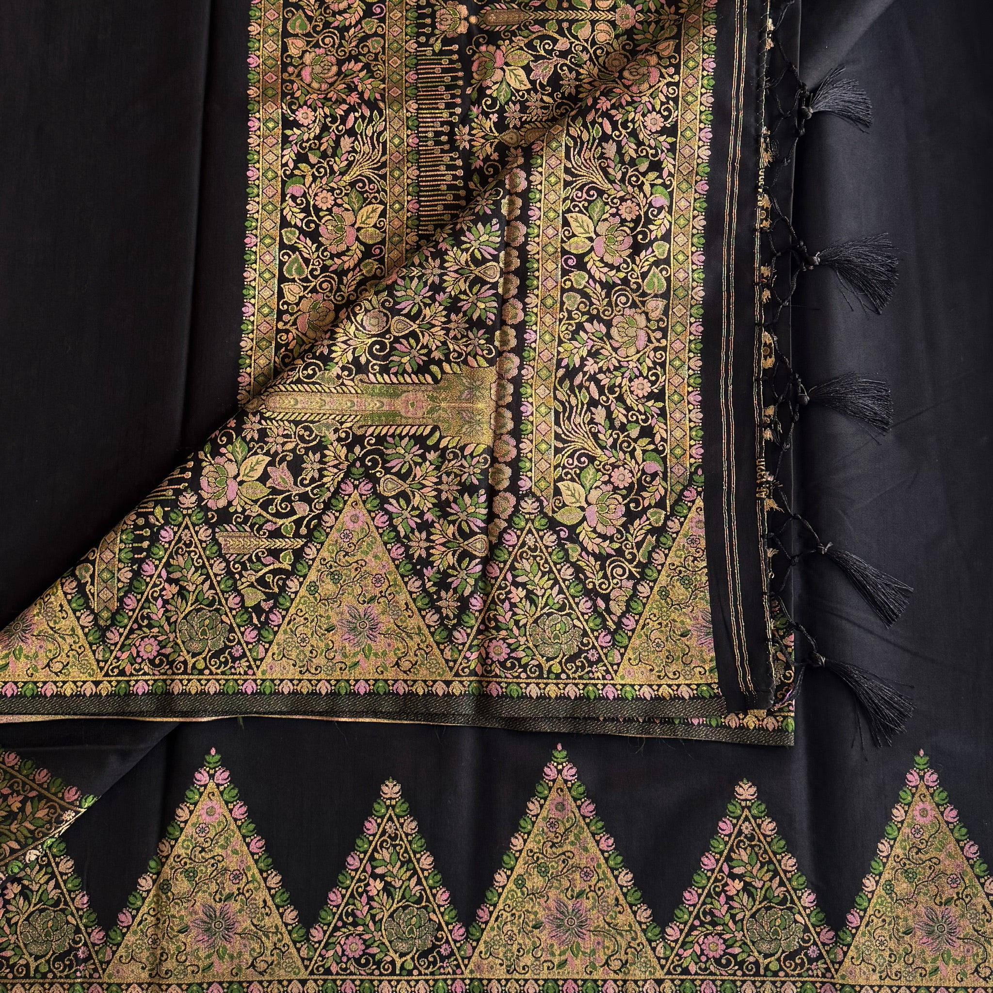 Midnight Black Embroidered Saree Antique Gold Blush Pink Pallu Tassel