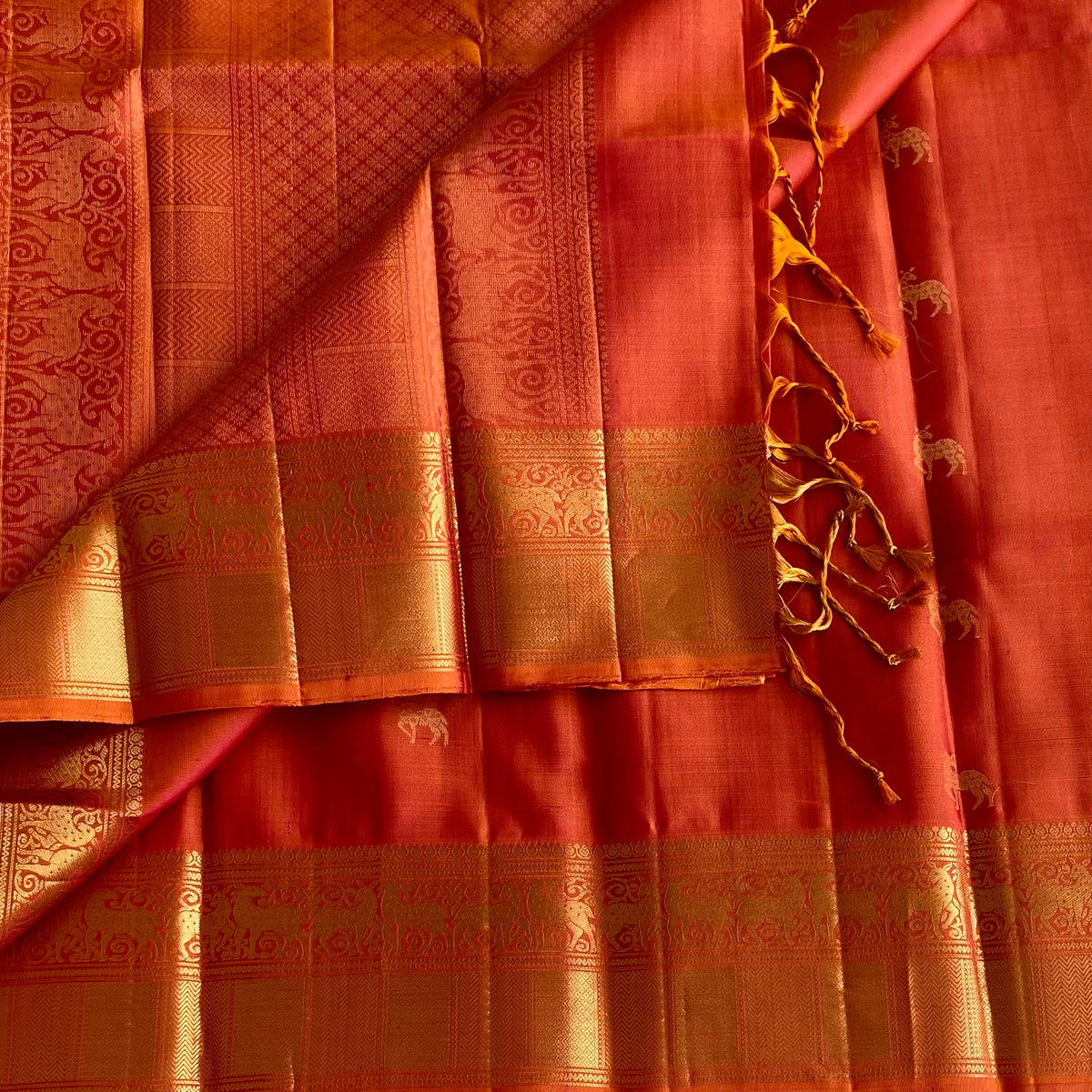 Classy Burnt Orange Designer Pure Silk Saree With Intricate Woven Pallu