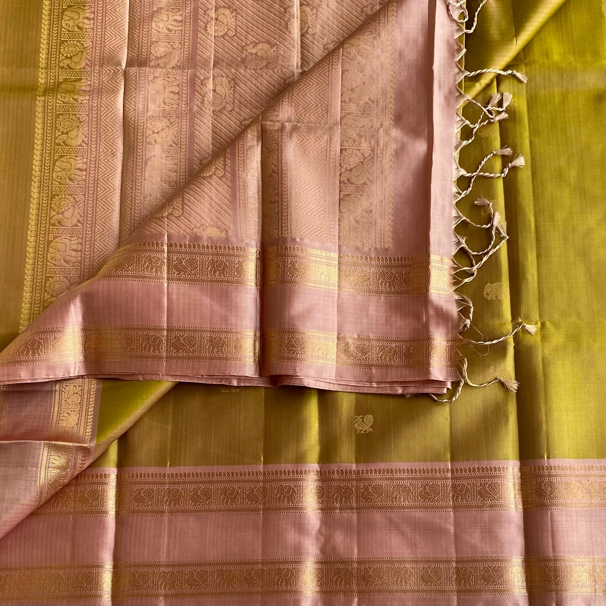 Soft Olive Gold with Dusty Rose Designer Pure Silk with Retta Pett Borders