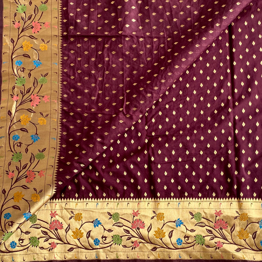 Deep Chocolate Wine Soft Crepe Silk Saree With Antique Gold Pallu Floral Border
