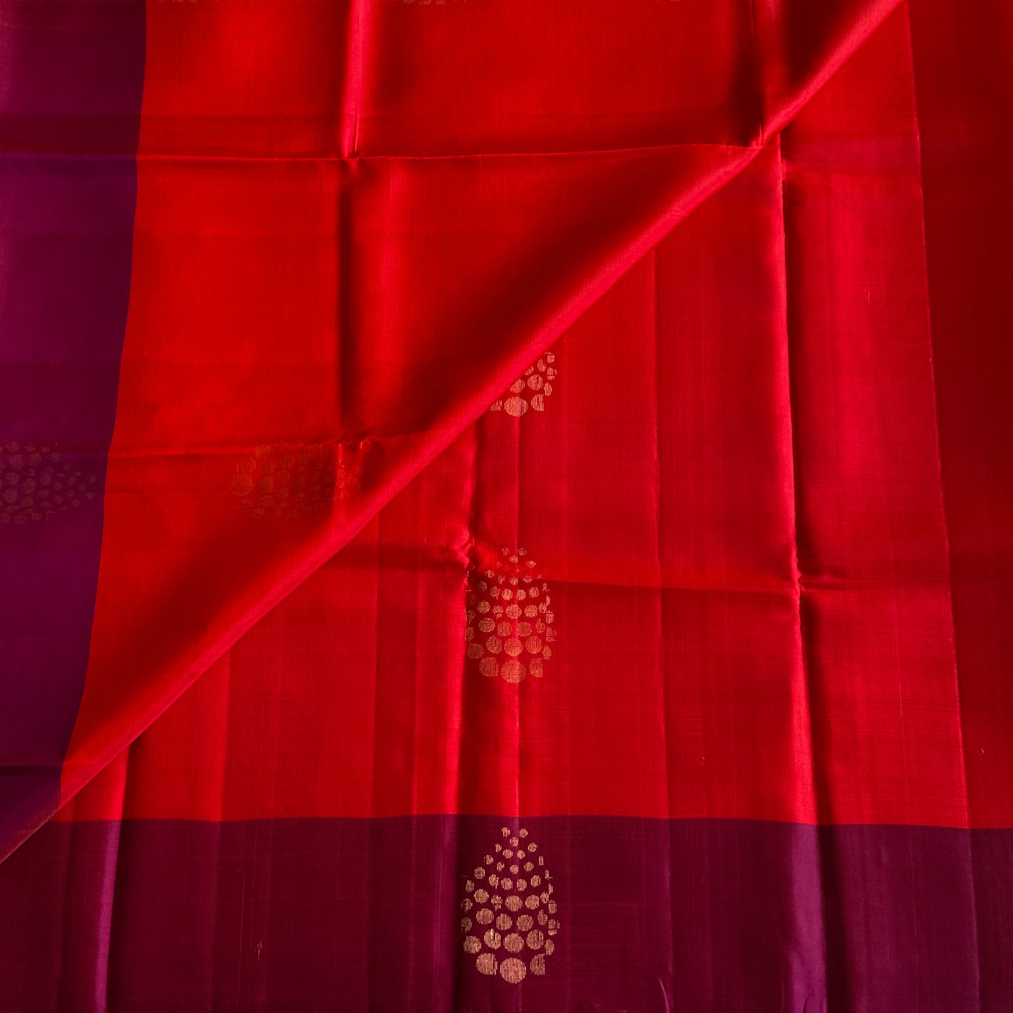 Crimson Orangish Red with magenta n purple designer pure Silk