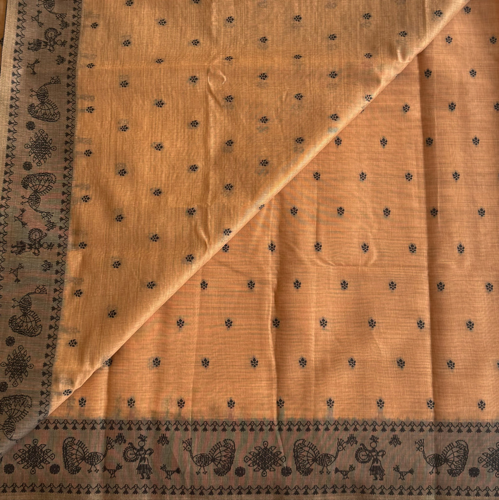 Elegant Muted Apricot Printed Tribal Pallu Saree With Tassel Border