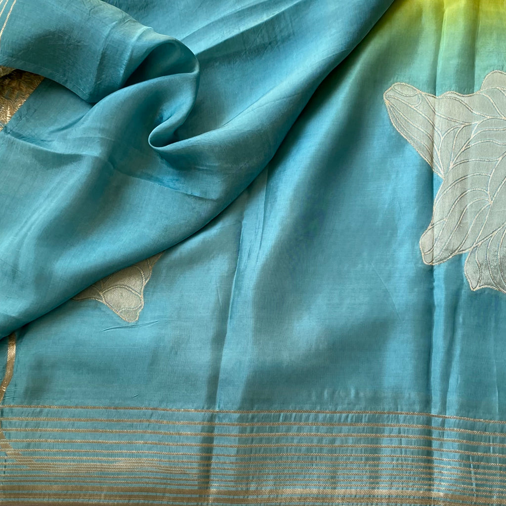 Yellow Teal Ombre Saree With Silver Brocade Floral Pallu Tassels