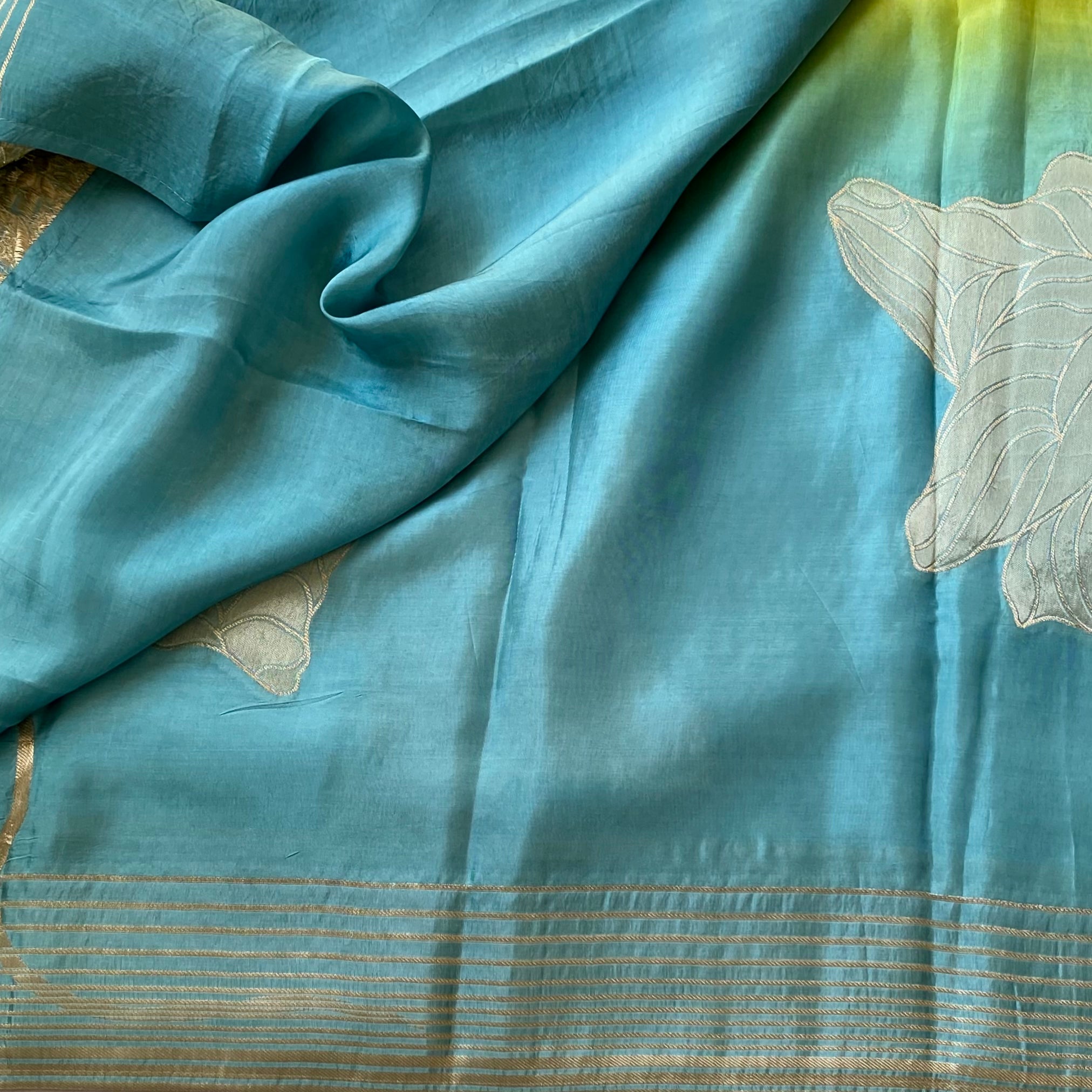 Yellow Teal Ombre Saree With Silver Brocade Floral Pallu Tassels