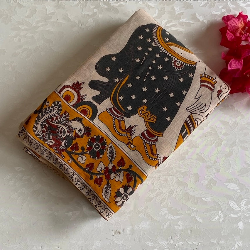 Natural Beige Soft Kalamkari Cotton Saree With Deep Maroon Designer Prints