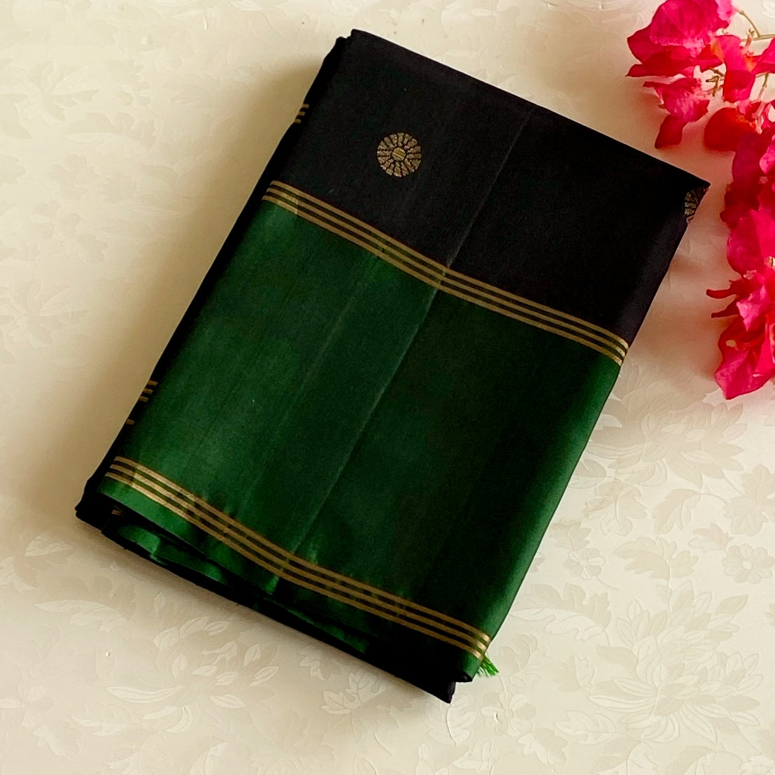Emerald Green Silk Saree Navy Pallu Gold Zari Border Traditional