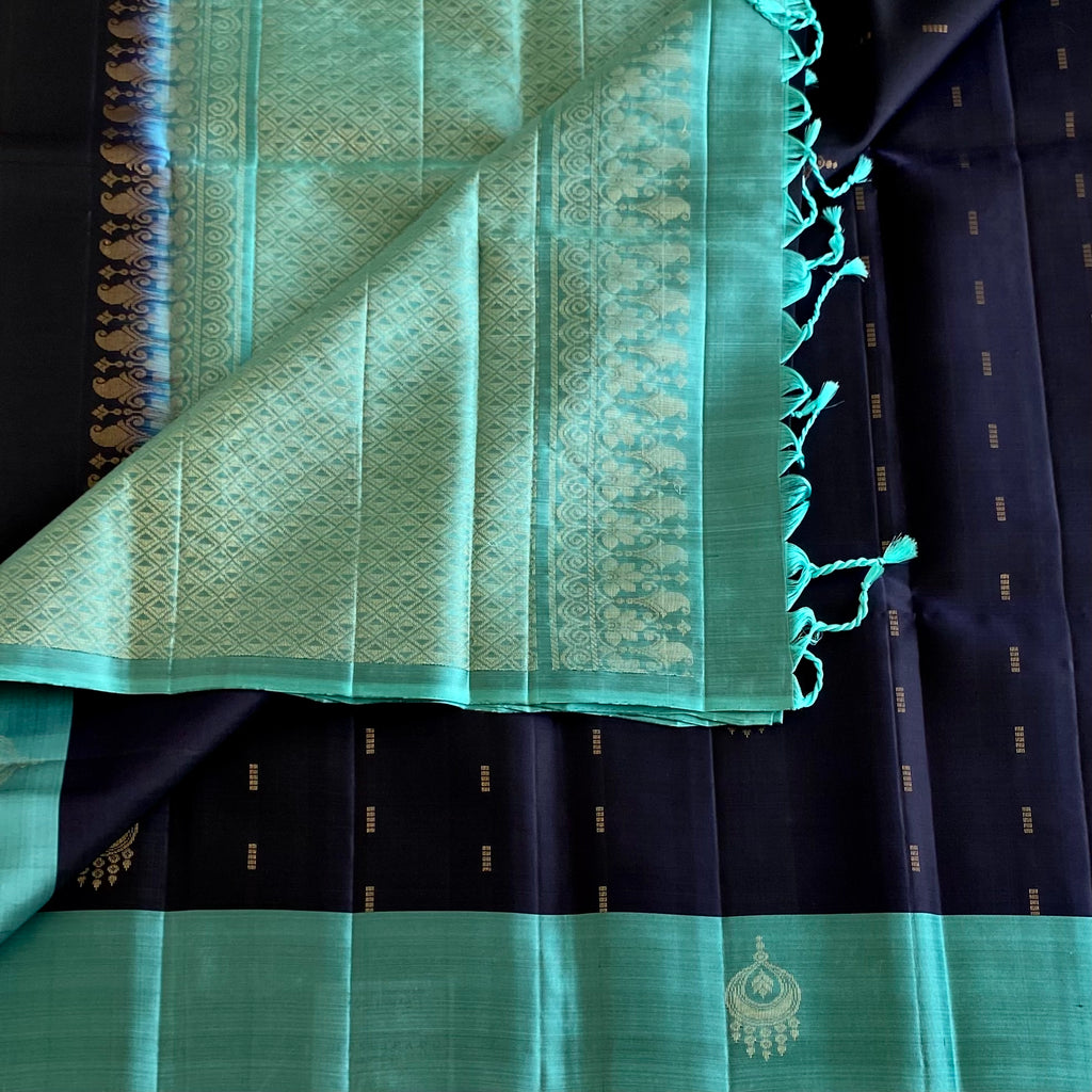 Midnight Navy Designer Pure Silk With Teal Green Pallu