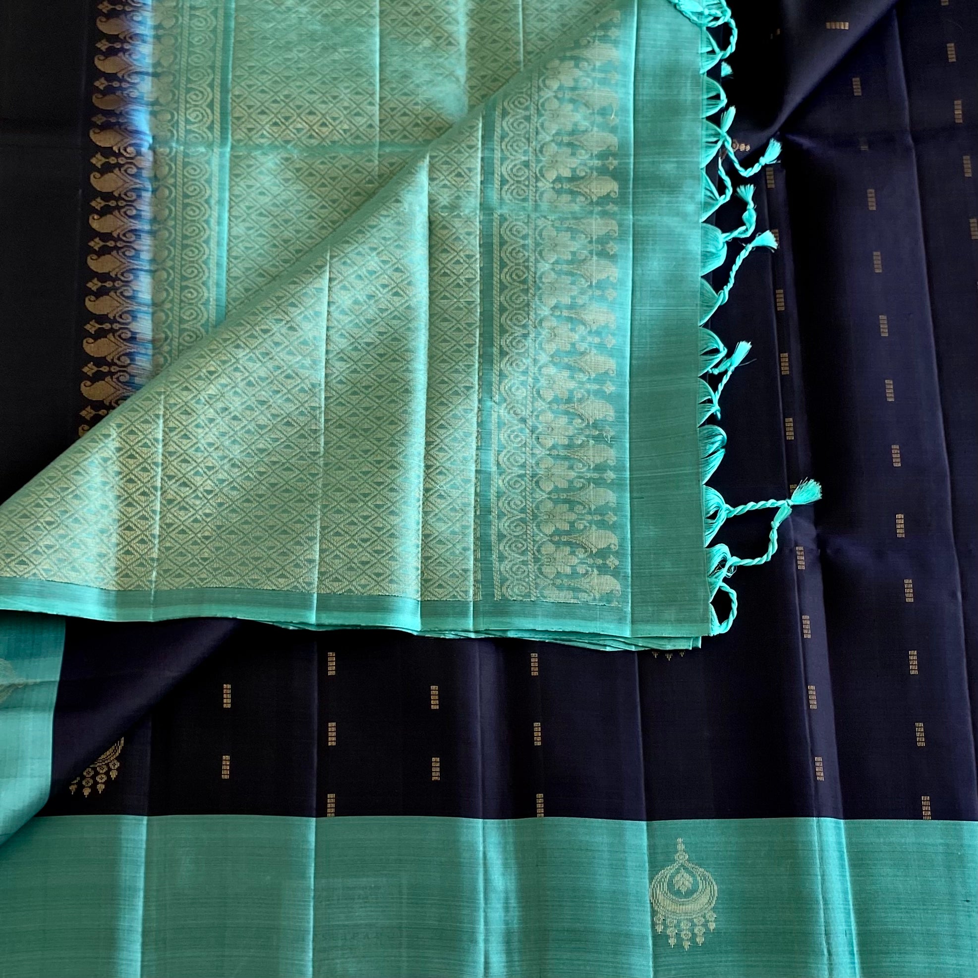 Midnight Navy Designer Pure Silk With Teal Green Pallu