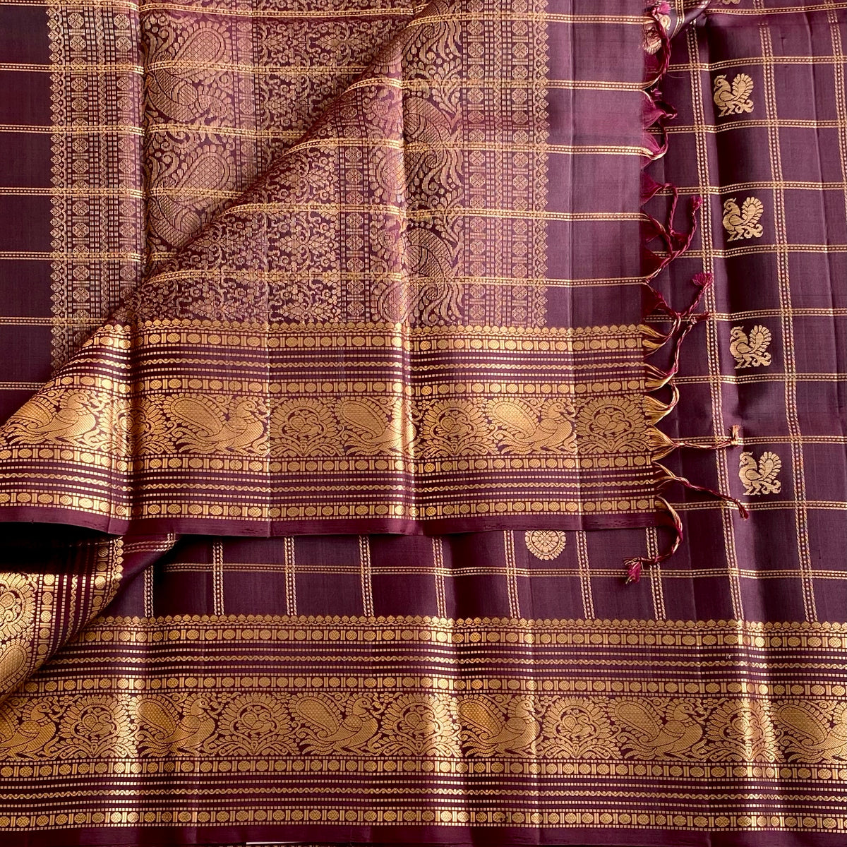 Deep Plum Brown Checkered Designer Pure Silk Saree With Antique Gold Paisley Zari