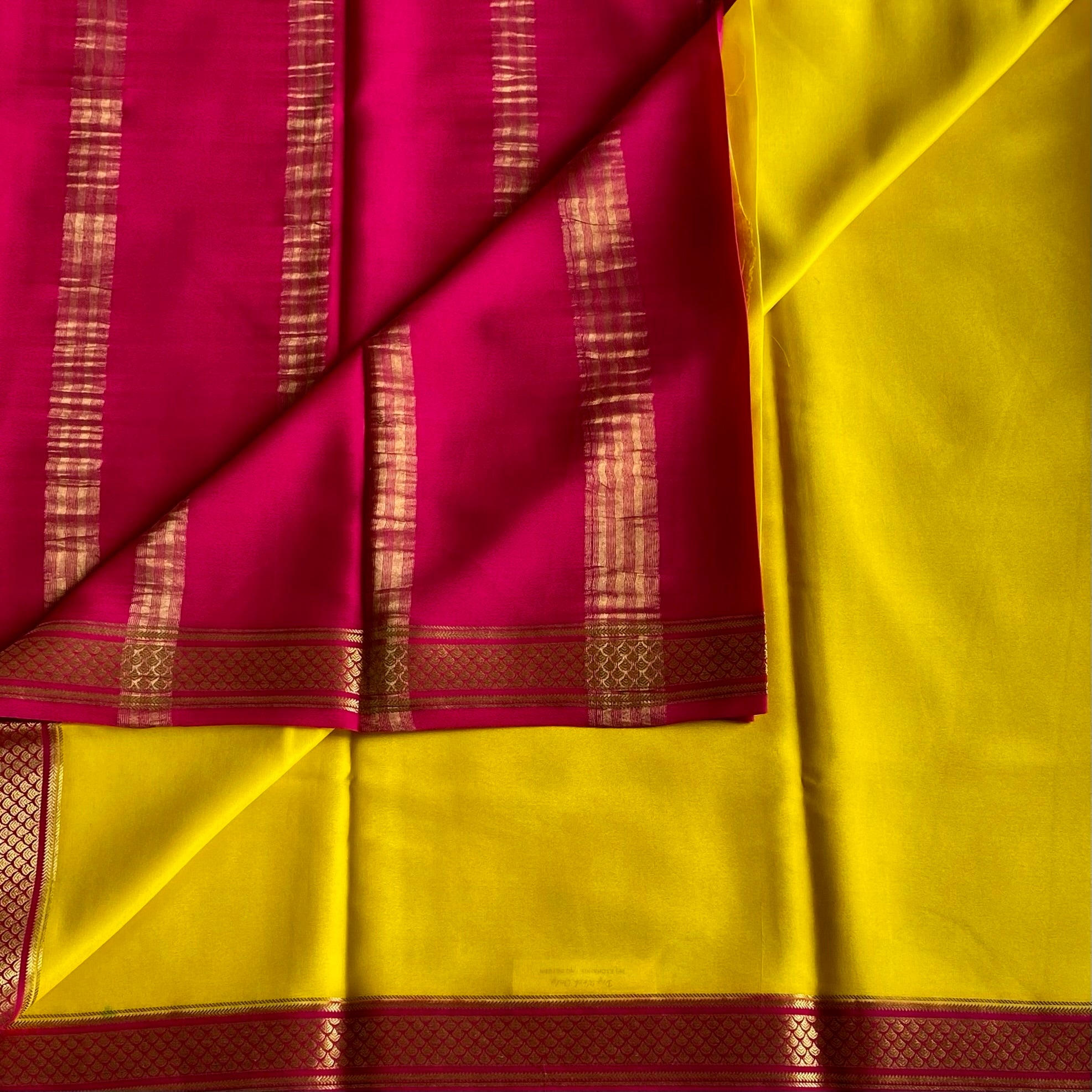 Mustard Yellow Mysore Crepe Silk Saree With Rani Pink Border
