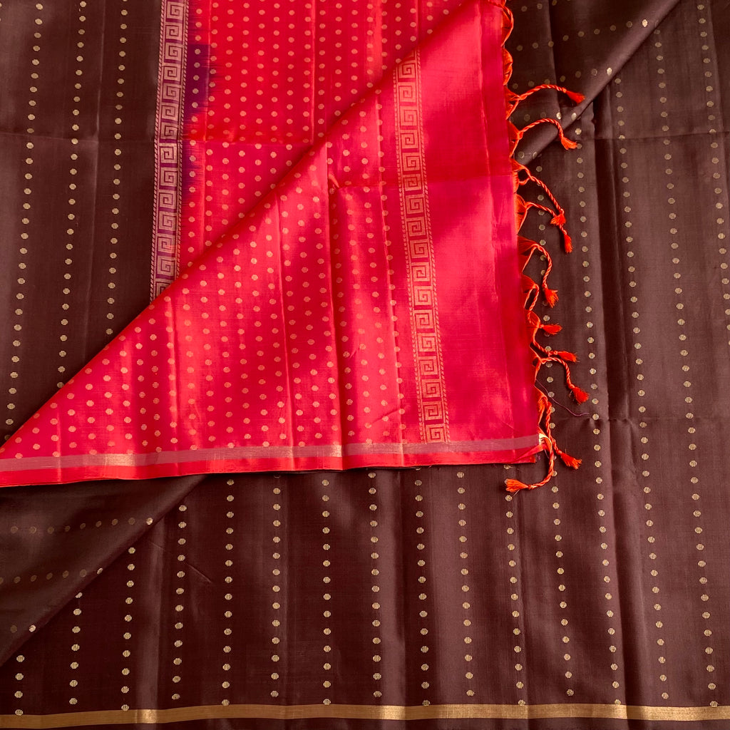 Chocolate Brown Designer Pure Silk Saree With Rani Pink Pallu