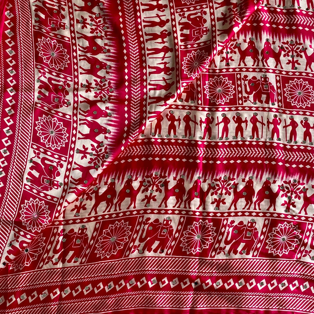 Rani Pink Soft Satin Saree With Ivory Prints And Mirrors