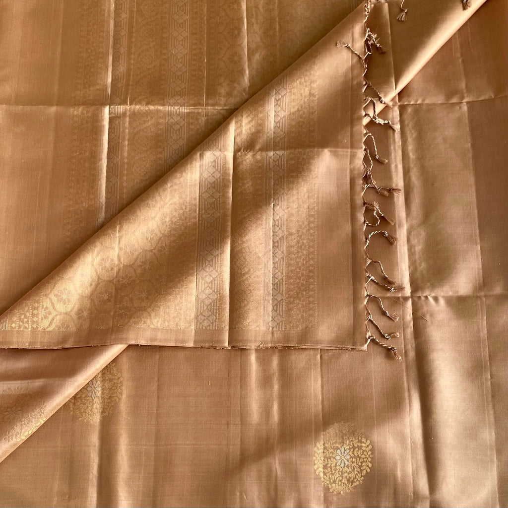 Champagne Designer Pure Silk Saree With Antique Gold Buttas