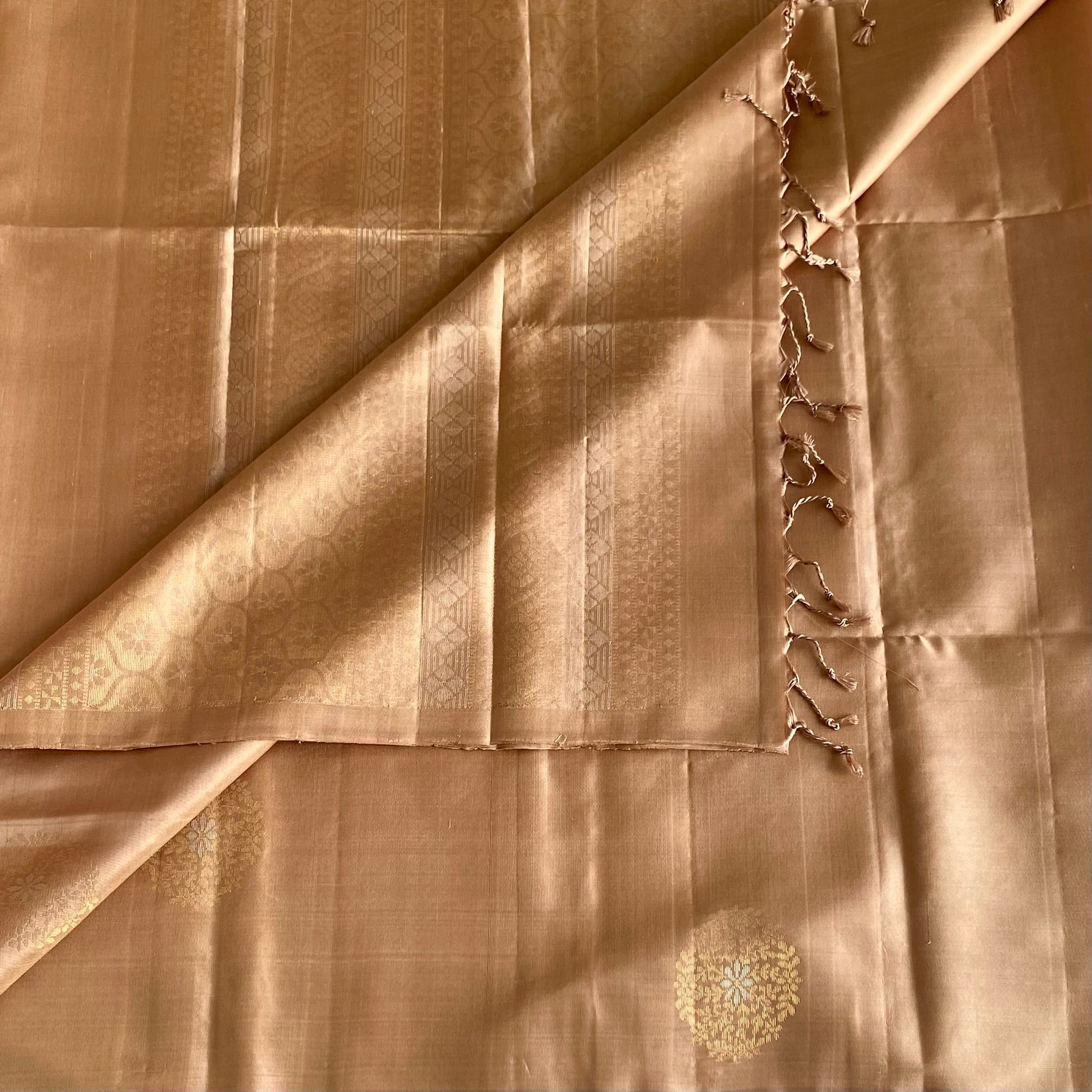 Champagne Designer Pure Silk Saree With Antique Gold Buttas