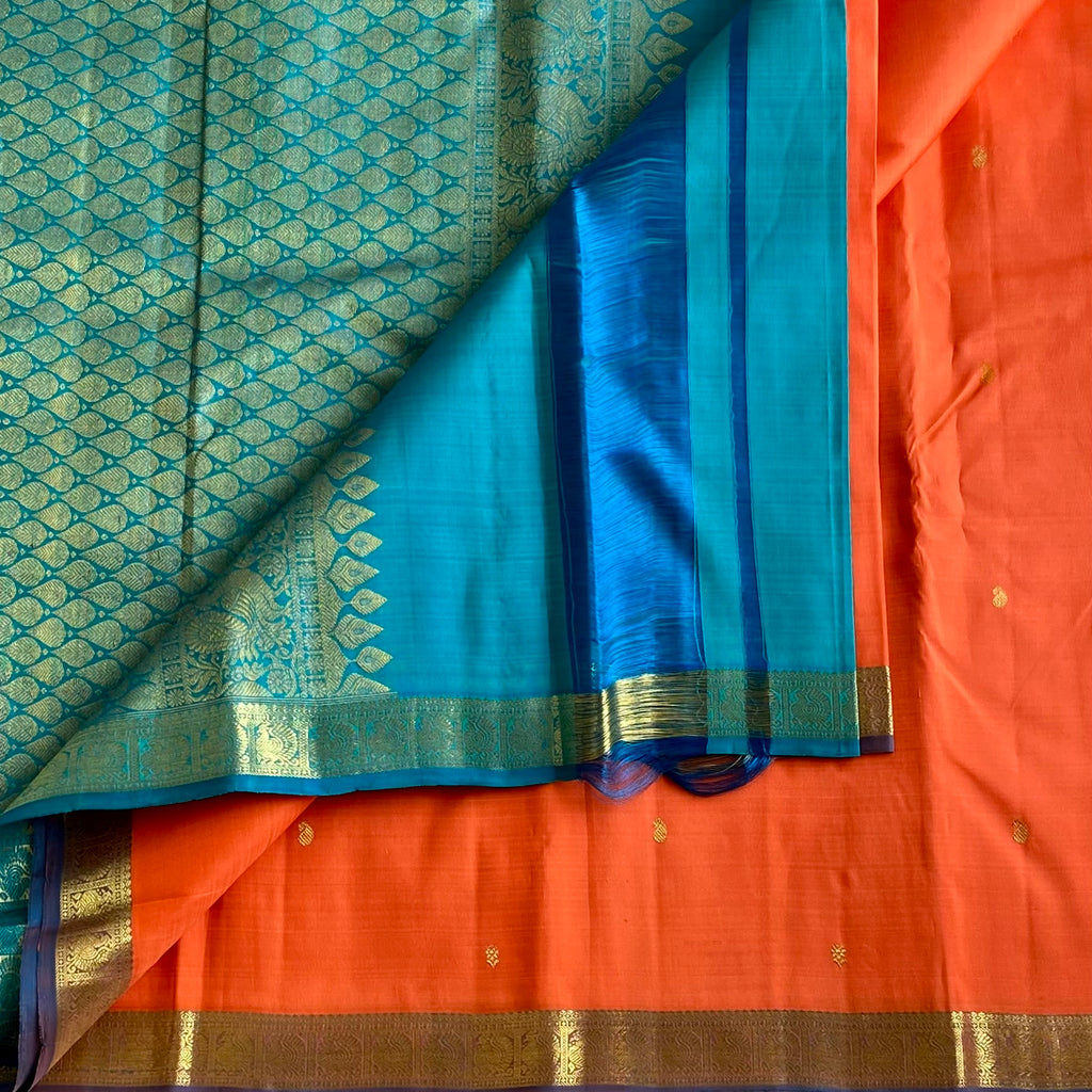 Tangerine Orange Kanjeevaram Pure Zari Silk Saree With Teal Blue Pallu