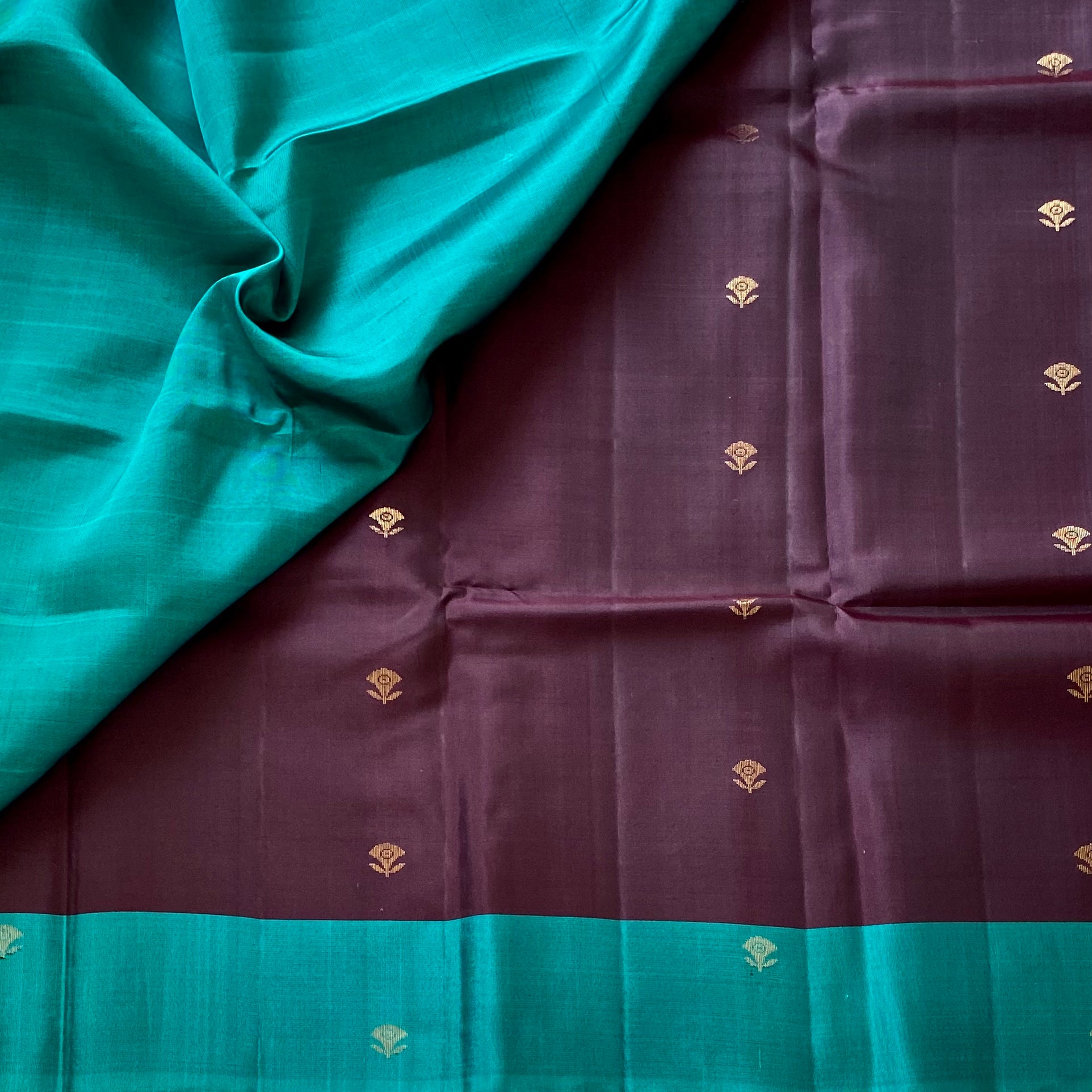 Wine Brown Designer Pure Silk With Teal Green Zari Border