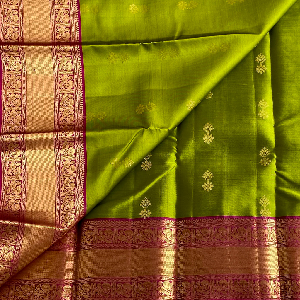 Rich Parrot Green Designer Pure Silk Saree With Deep Magenta  Pallu