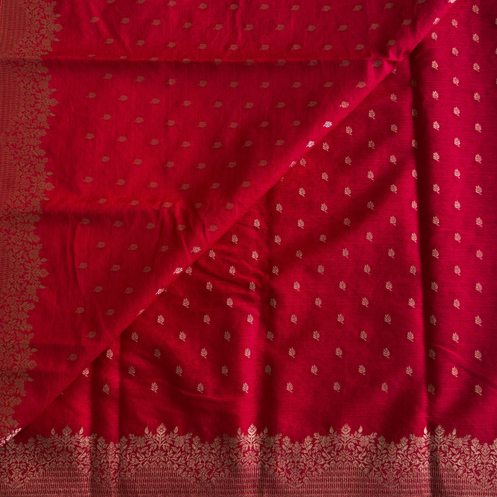 Scarlet Red Saree Antique Gold Brocade Floral Border and Buti