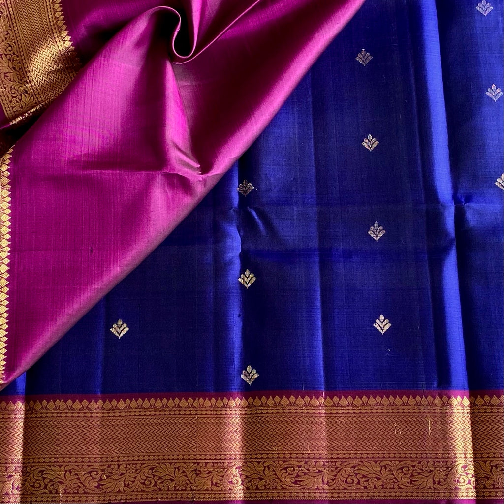Royal Blue Designer Pure Silk Saree With Rani Pink Pallu
