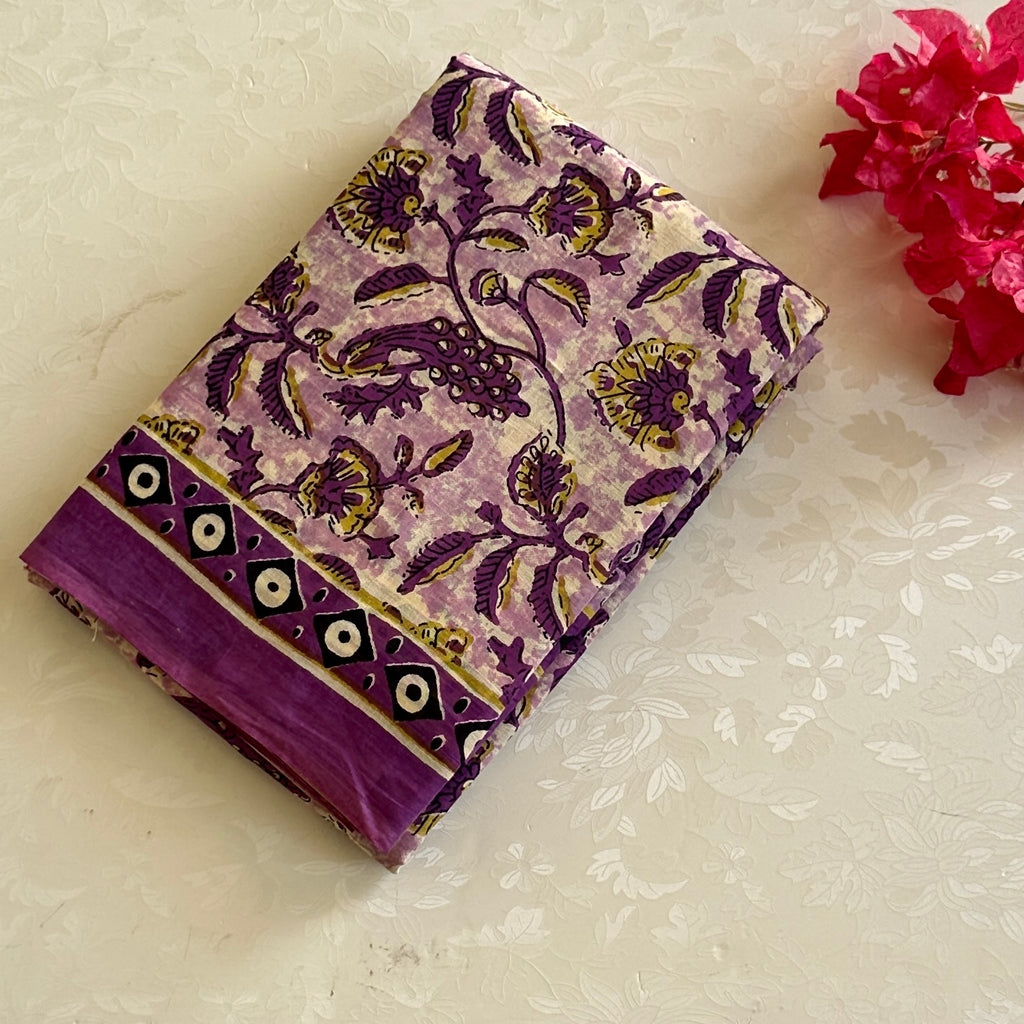 Purple Mustard Printed Cotton Saree Floral Pallu Geometric Border