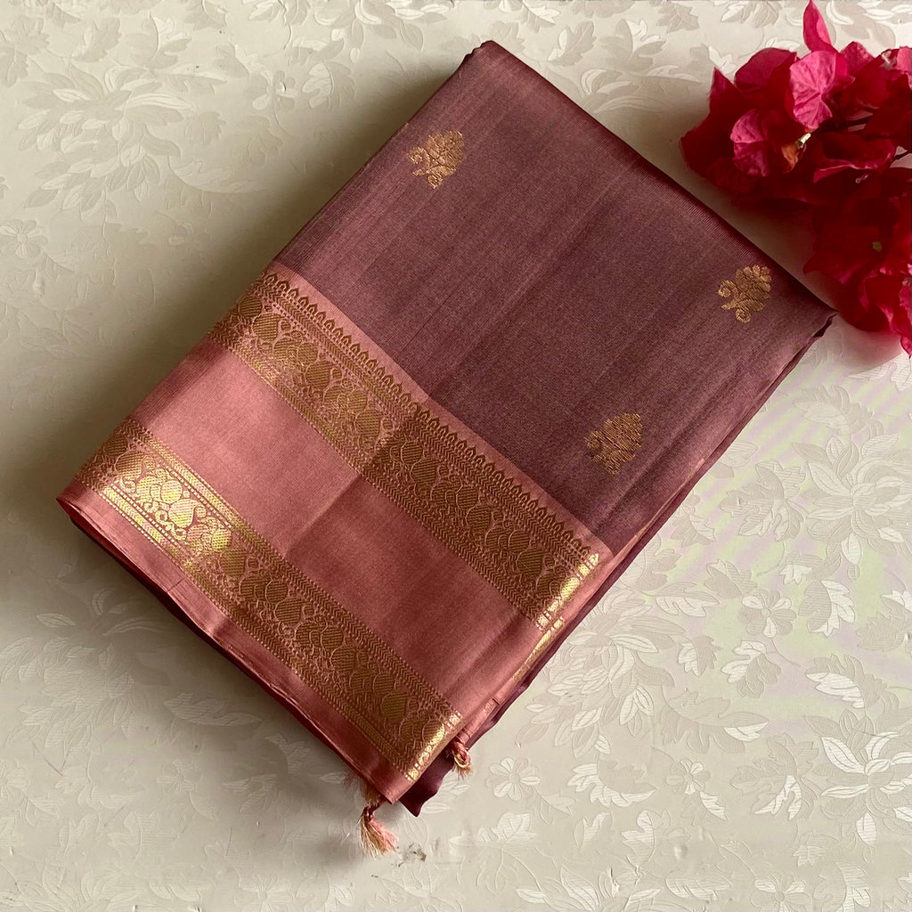 Rarest Metallic Bronze Designer Pure Silk Saree With Dusty Rose Zari Pallu