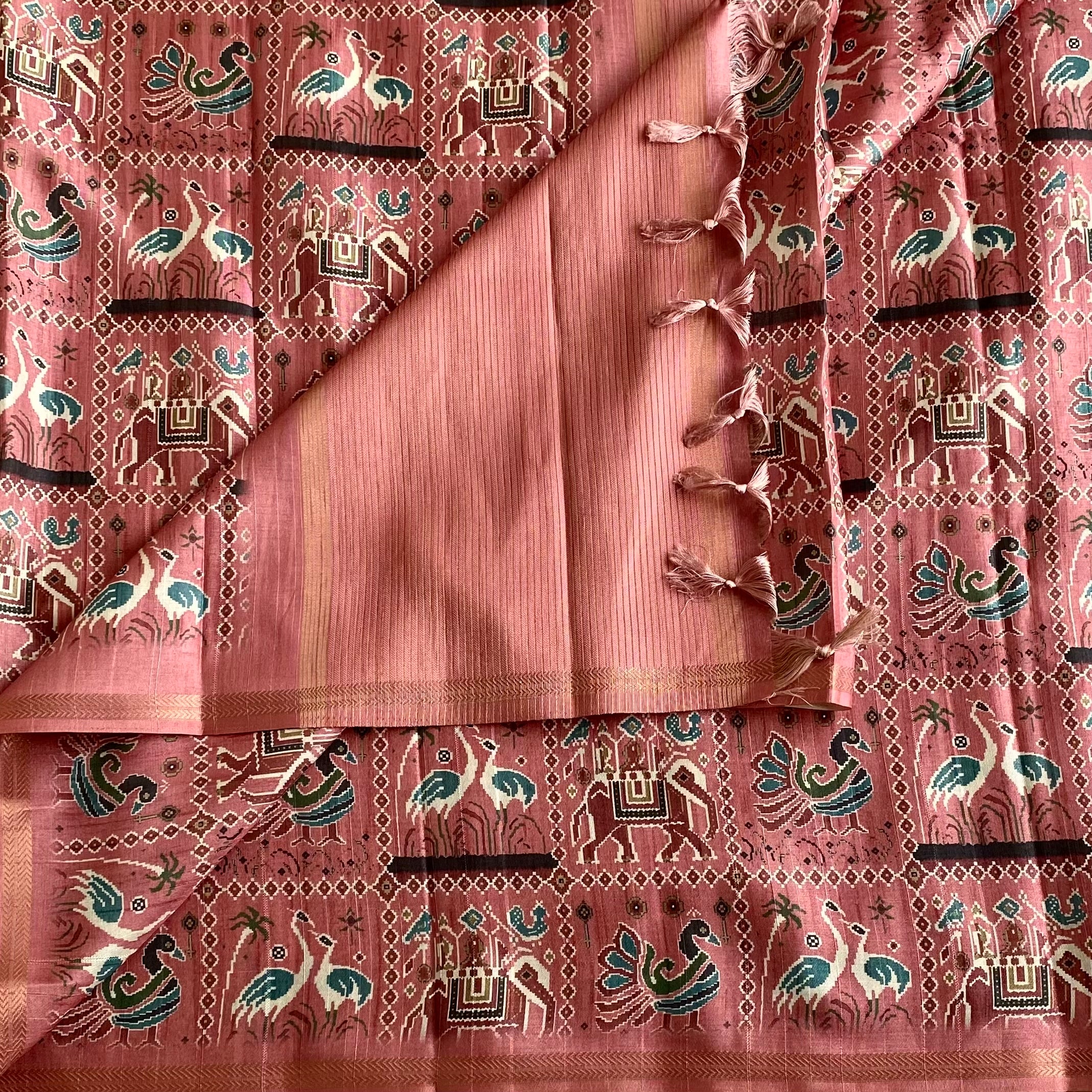 Dusty Rose Soft Tussar Silk Saree With Teal Blue Accents